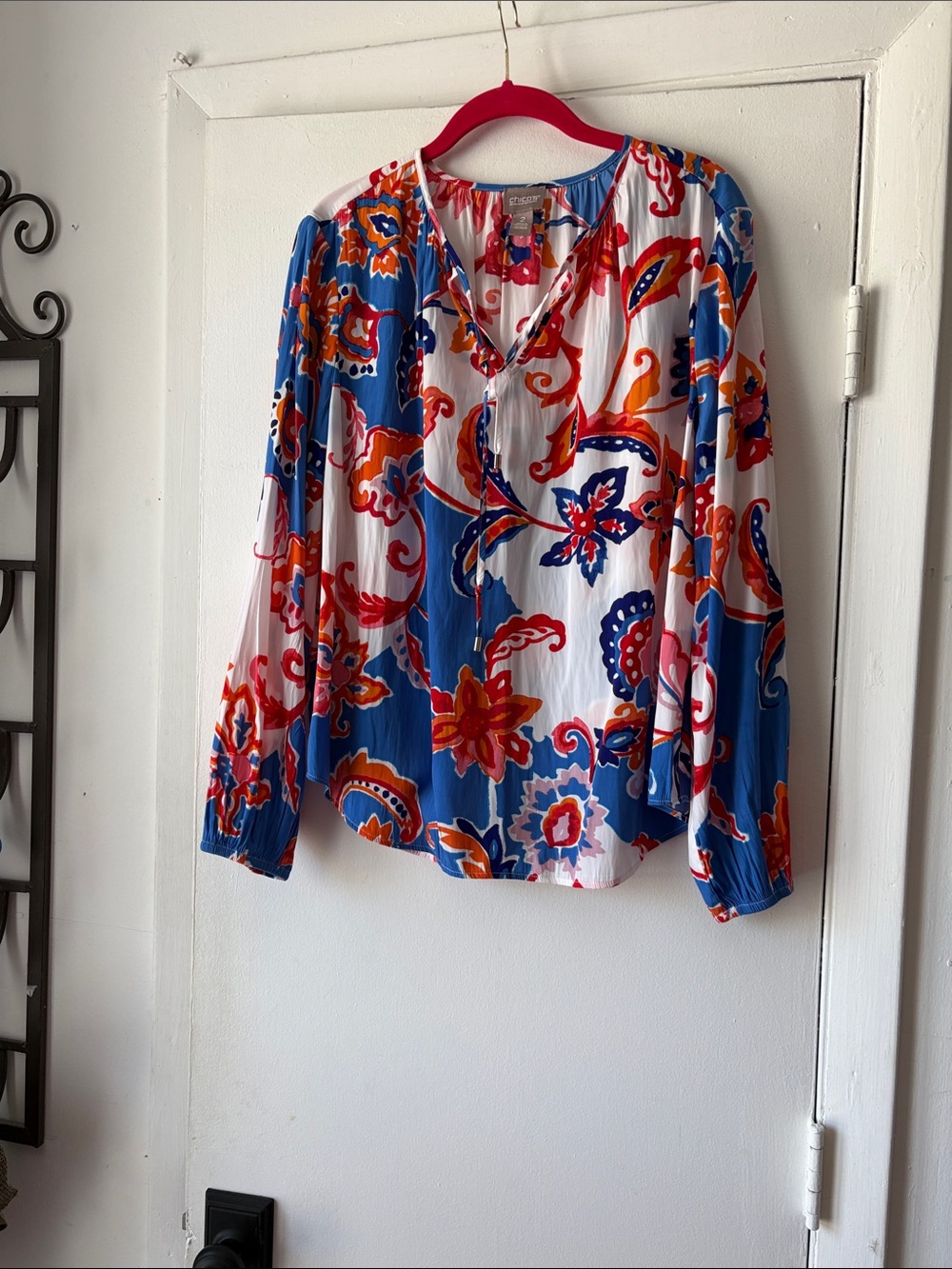 Chico's Blue, White & Red Floral Paisley Blouse